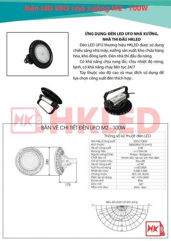 Ứng dụng, bản vẽ chi tiết và thông số kỹ thuật đèn UFO nhà xưởng M2 100W