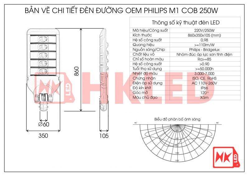 Bản vẽ chi tiết đèn đường LED OEM Philips M1 Module COB 250W