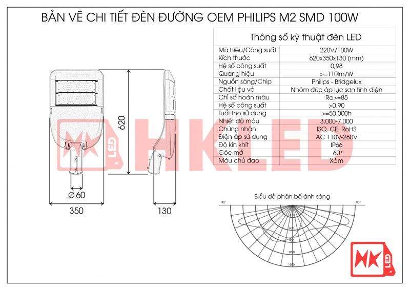 Bản vẽ chi tiết đèn đường LED OEM Philips Module SMD M2 100W