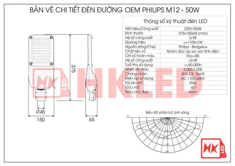 Bản vẽ chi tiết đèn đường LED OEM Philips M12 50W
