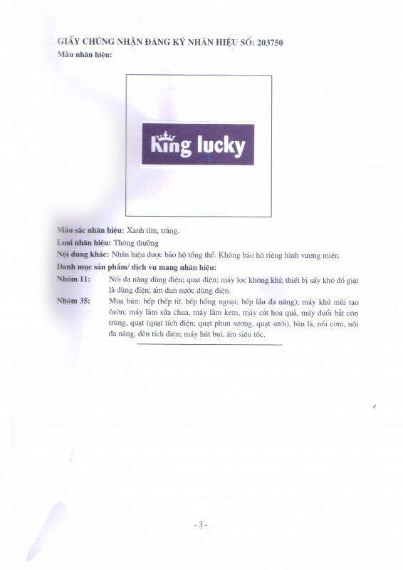 Giấy chứng nhận đăng ký nhãn hiệu King Lucky